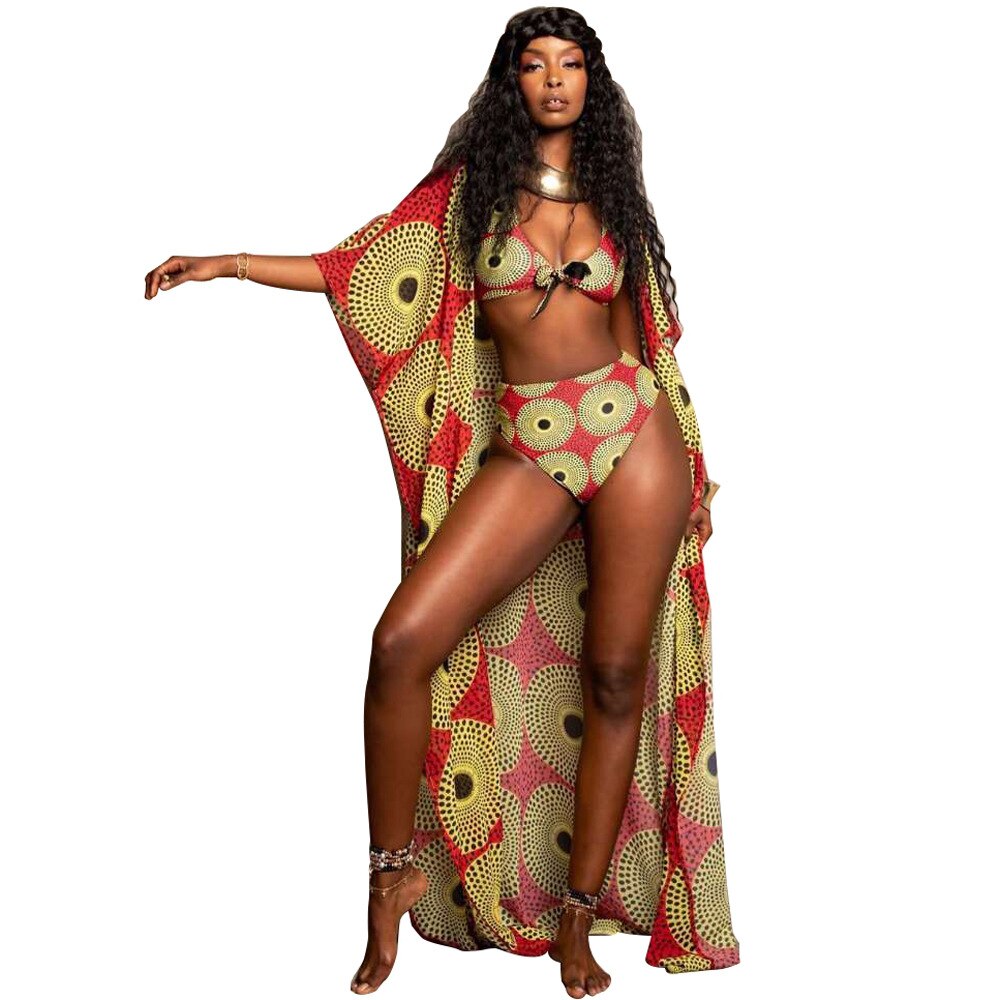 Fashion African Clothes Women Dahsiki Summer 3Pcs Bikini Suit Robe Africaine African Dresses Ethnic Ladies Swimsuit Clothing