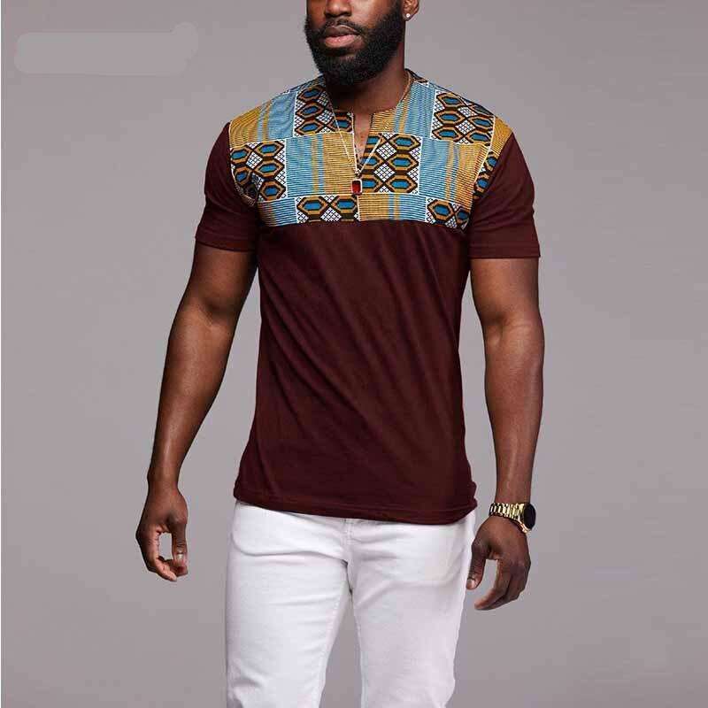 S-5XL Kente T-Shirt African Print Tops For Men New Fashion Short Sleeve V Cut Neck Male Slim Tees Shirt Streetwear Plus Size