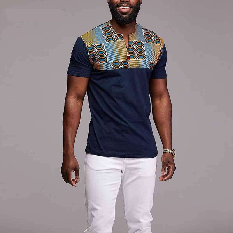 S-5XL Kente T-Shirt African Print Tops For Men New Fashion Short Sleeve V Cut Neck Male Slim Tees Shirt Streetwear Plus Size