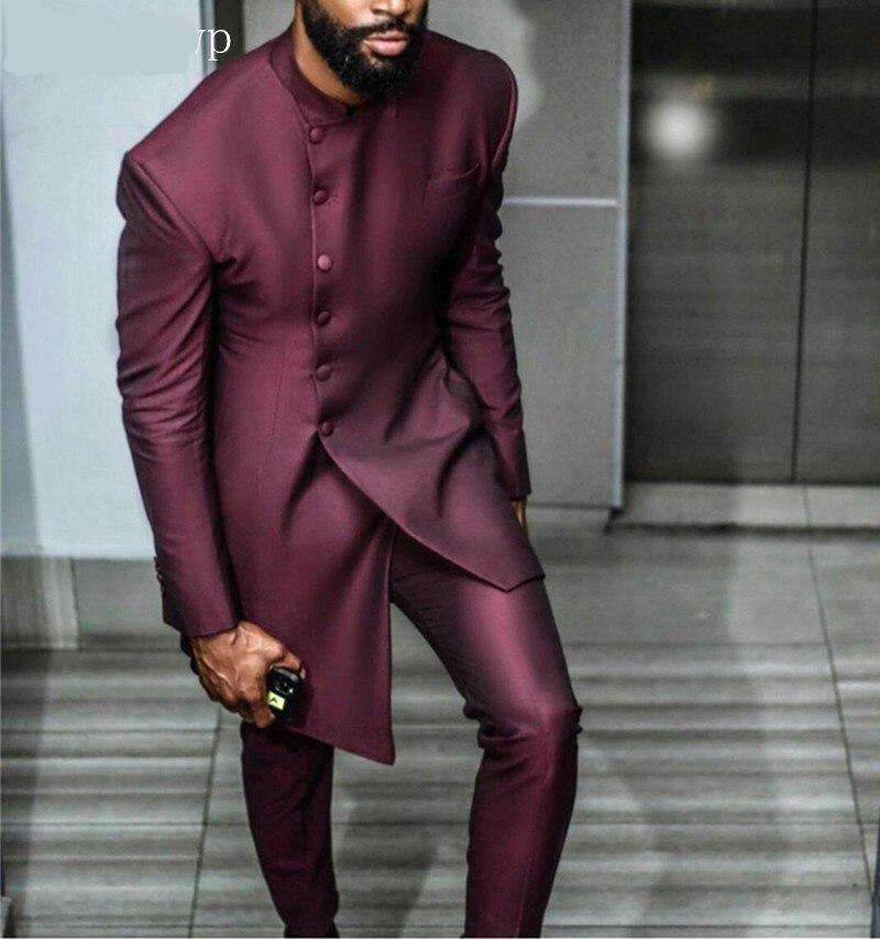 African Men Suit Stand Collar Long Coat Pant Costume Homme Mariage robes de soirée mariage 2 Piece Formal Suit Men Slim Fit