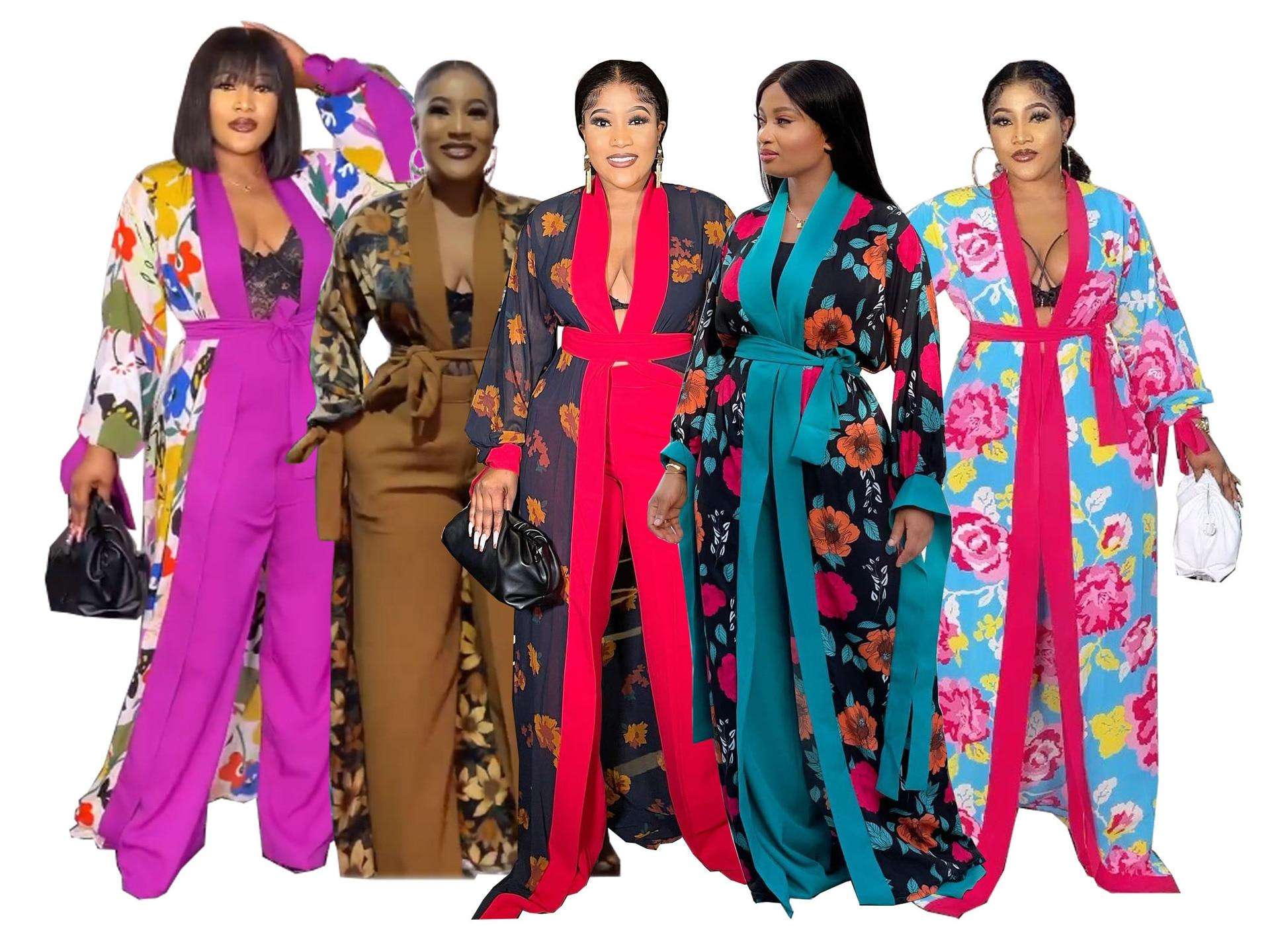 2 Piece Robes Set African Clothes Women Dress Pant Suits Set Fashion Floral Print Traditional Bazin Riche African Kanga Clothing