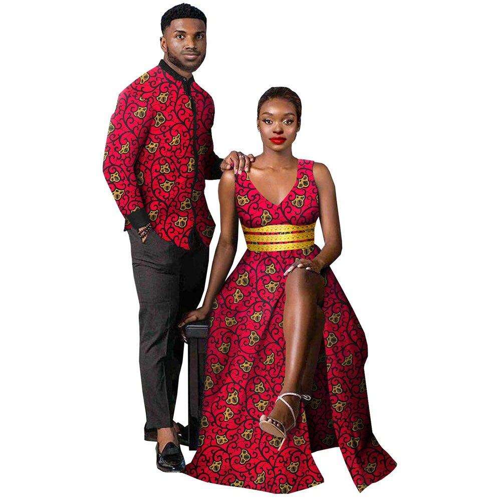 African Clothes for Couples Women Ankara Print Split Long Dresses Match Men Outfit Bazin Shirts Top Party Evening Dress Y21C029