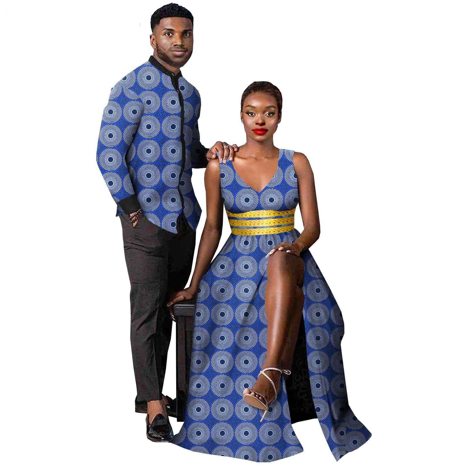 African Clothes for Couples Women Ankara Print Split Long Dresses Match Men Outfit Bazin Shirts Top Party Evening Dress Y21C029