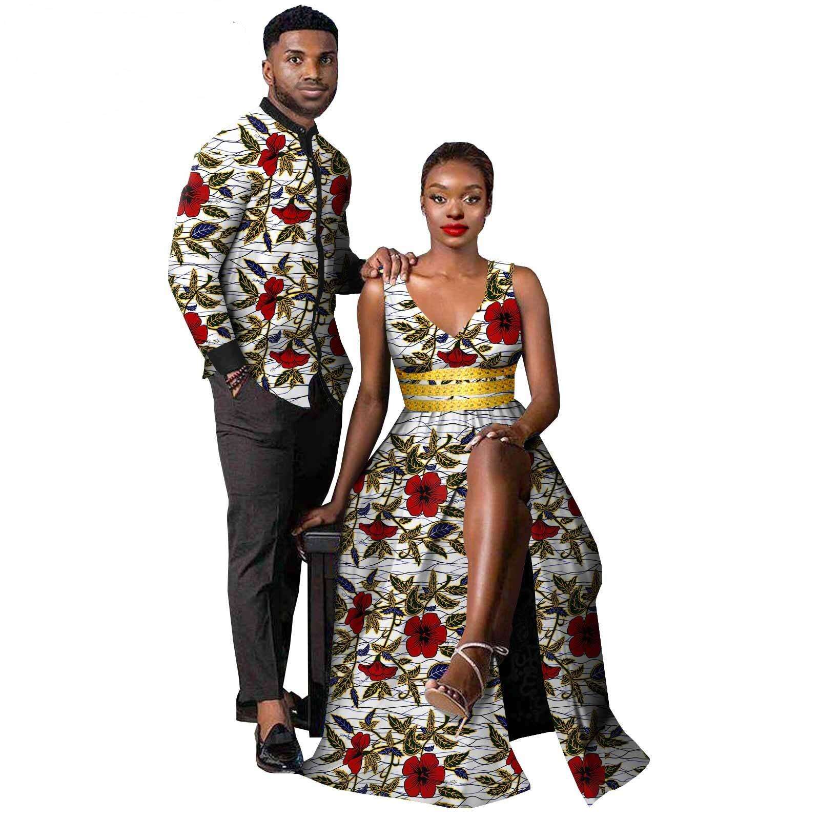 African Clothes for Couples Women Ankara Print Split Long Dresses Match Men Outfit Bazin Shirts Top Party Evening Dress Y21C029