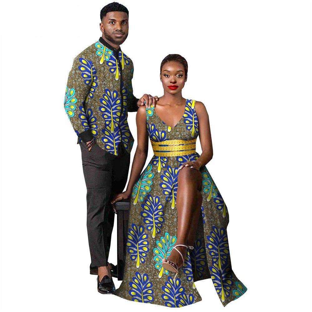 African Clothes for Couples Women Ankara Print Split Long Dresses Match Men Outfit Bazin Shirts Top Party Evening Dress Y21C029