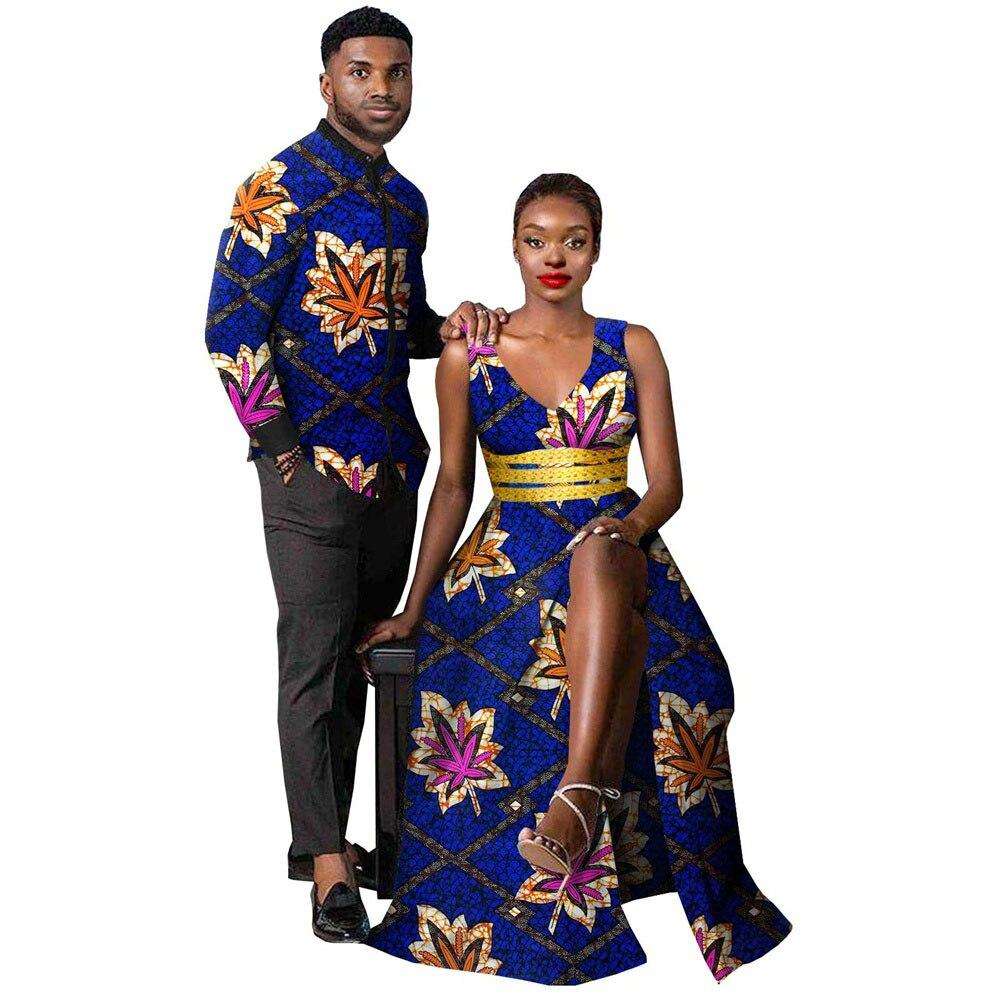 African Clothes for Couples Women Ankara Print Split Long Dresses Match Men Outfit Bazin Shirts Top Party Evening Dress Y21C029