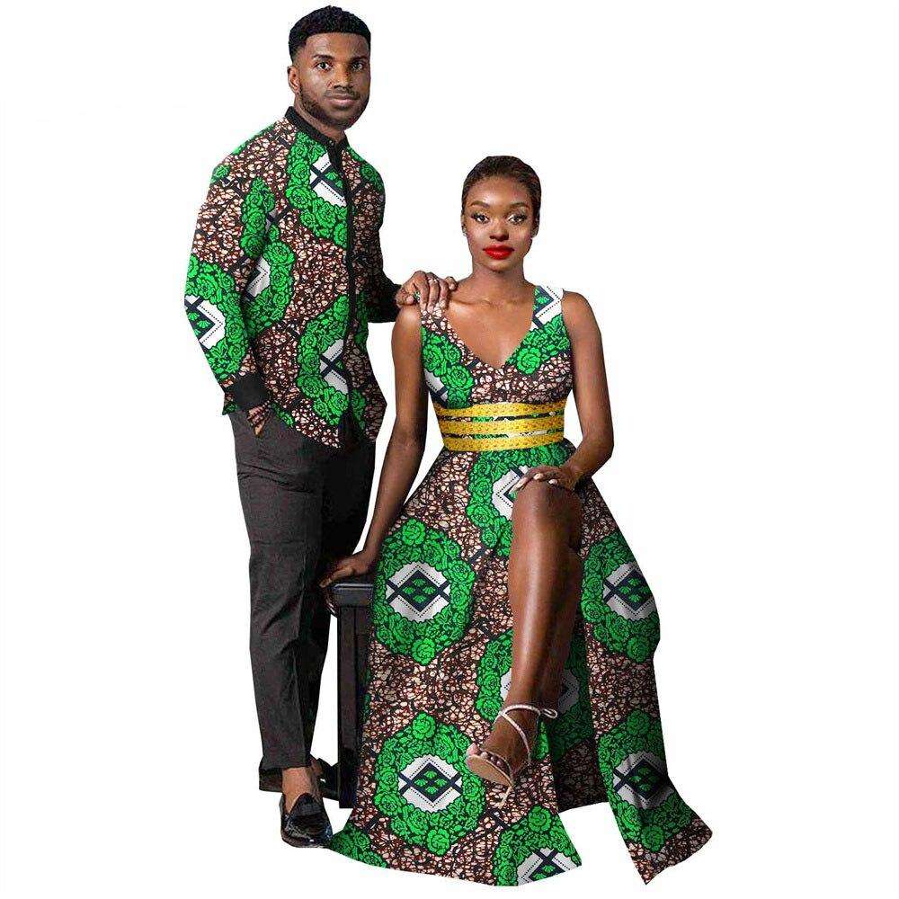 African Clothes for Couples Women Ankara Print Split Long Dresses Match Men Outfit Bazin Shirts Top Party Evening Dress Y21C029