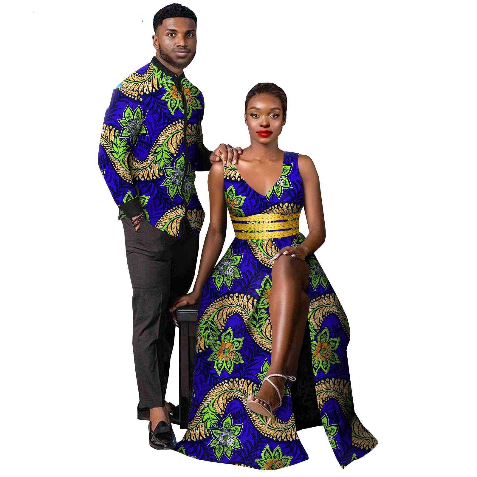 African Clothes for Couples Women Ankara Print Split Long Dresses Match Men Outfit Bazin Shirts Top Party Evening Dress Y21C029