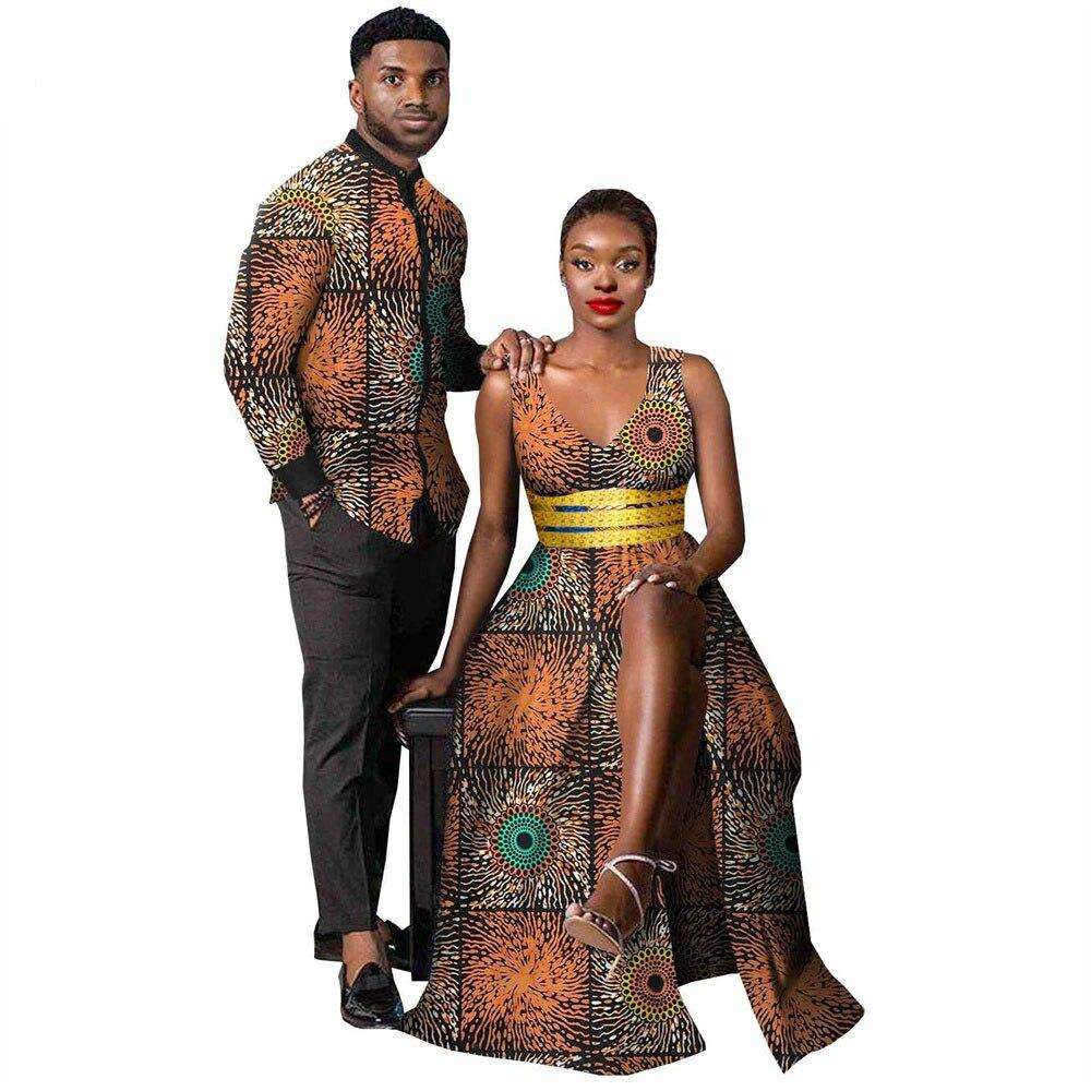 African Clothes for Couples Women Ankara Print Split Long Dresses Match Men Outfit Bazin Shirts Top Party Evening Dress Y21C029