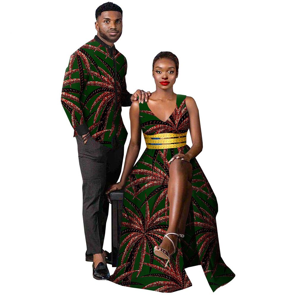 African Clothes for Couples Women Ankara Print Split Long Dresses Match Men Outfit Bazin Shirts Top Party Evening Dress Y21C029