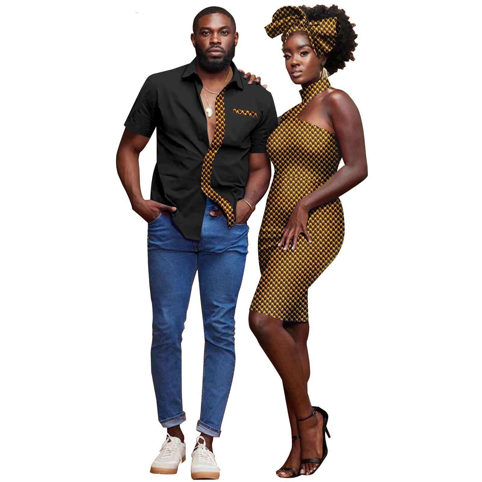 African Couple Clothes Dashiki Bazin Riche Sexy Baya Hip Dresses for Women Headwrap Matching Men Outfits Top Shirts Y22C030