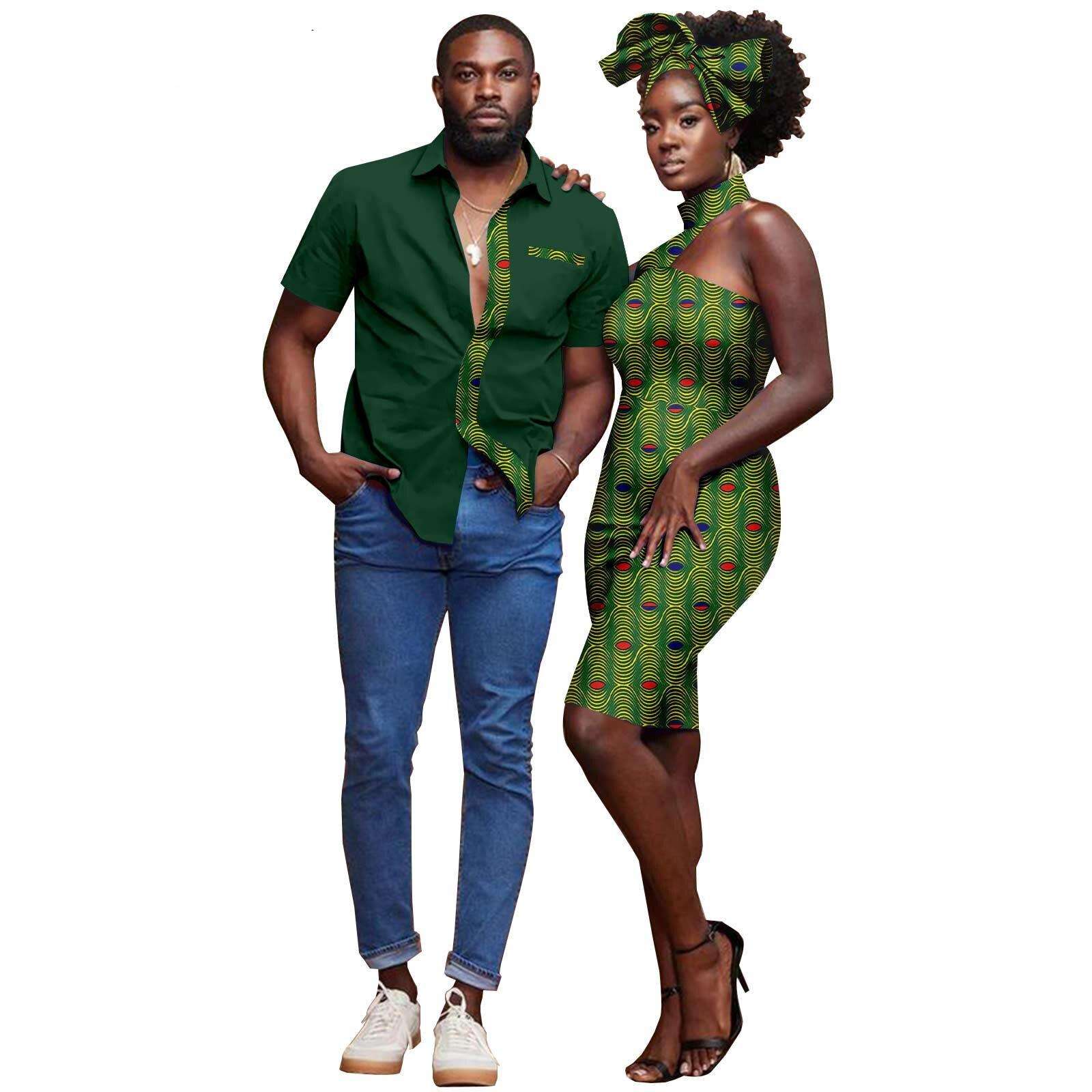 African Couple Clothes Dashiki Bazin Riche Sexy Baya Hip Dresses for Women Headwrap Matching Men Outfits Top Shirts Y22C030