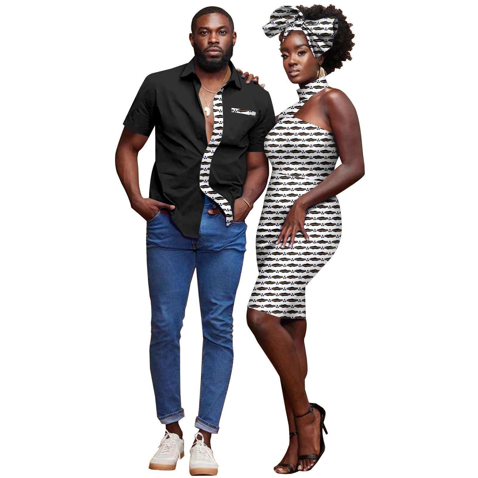 African Couple Clothes Dashiki Bazin Riche Sexy Baya Hip Dresses for Women Headwrap Matching Men Outfits Top Shirts Y22C030