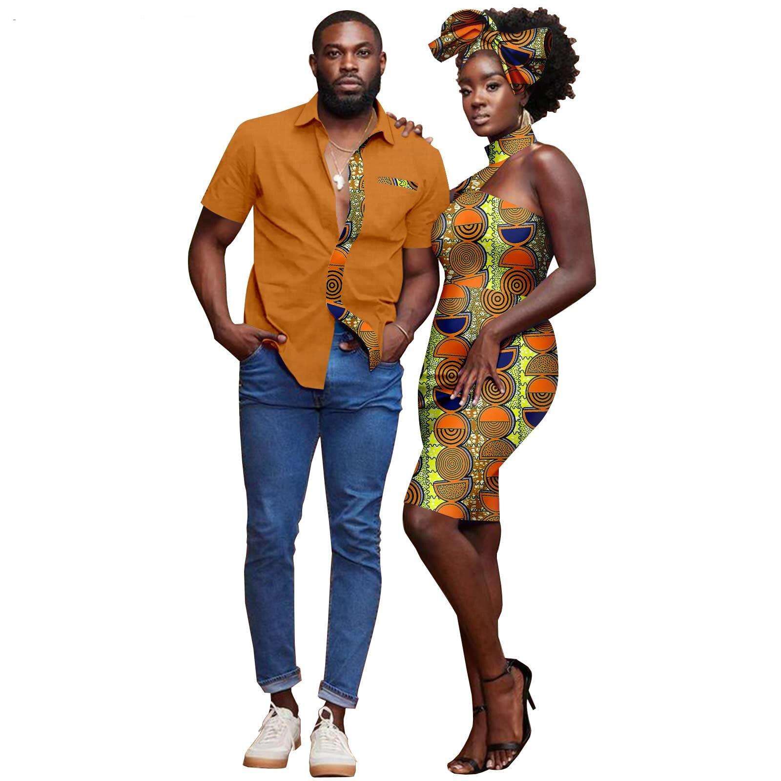 African Couple Clothes Dashiki Bazin Riche Sexy Baya Hip Dresses for Women Headwrap Matching Men Outfits Top Shirts Y22C030