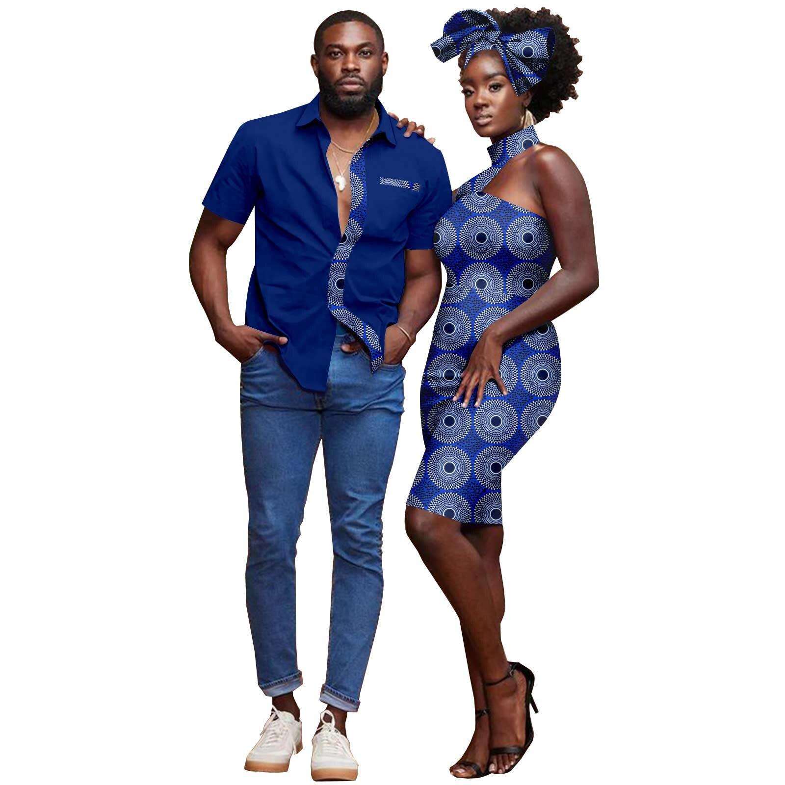 African Couple Clothes Dashiki Bazin Riche Sexy Baya Hip Dresses for Women Headwrap Matching Men Outfits Top Shirts Y22C030