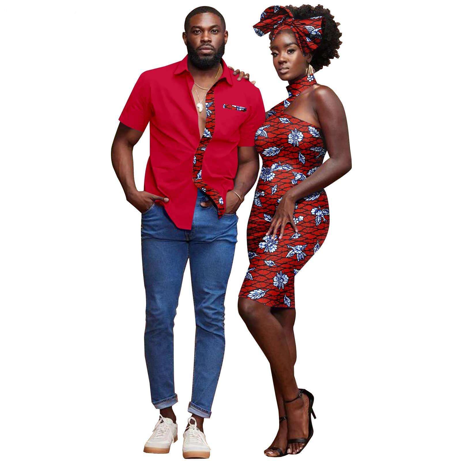 African Couple Clothes Dashiki Bazin Riche Sexy Baya Hip Dresses for Women Headwrap Matching Men Outfits Top Shirts Y22C030