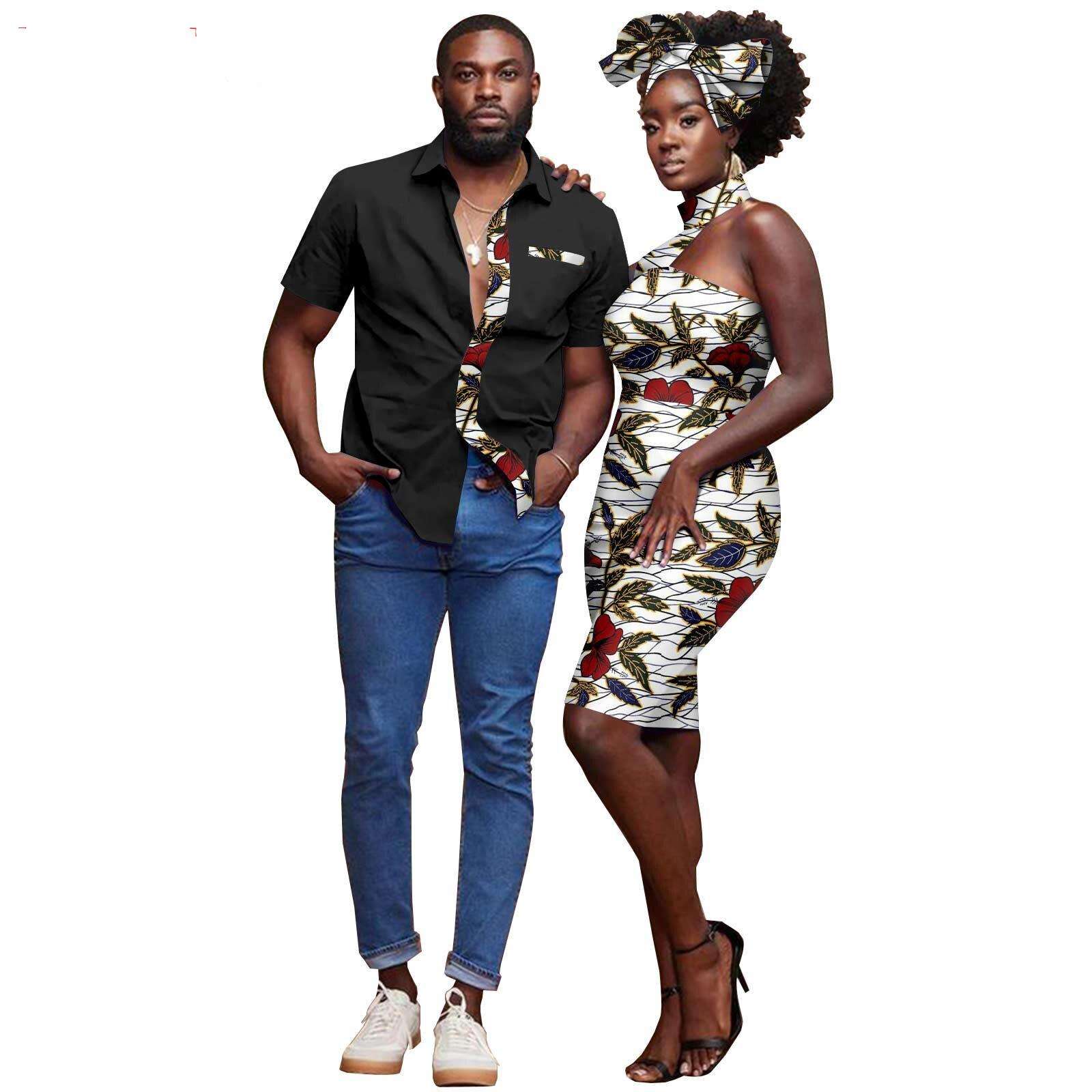 African Couple Clothes Dashiki Bazin Riche Sexy Baya Hip Dresses for Women Headwrap Matching Men Outfits Top Shirts Y22C030