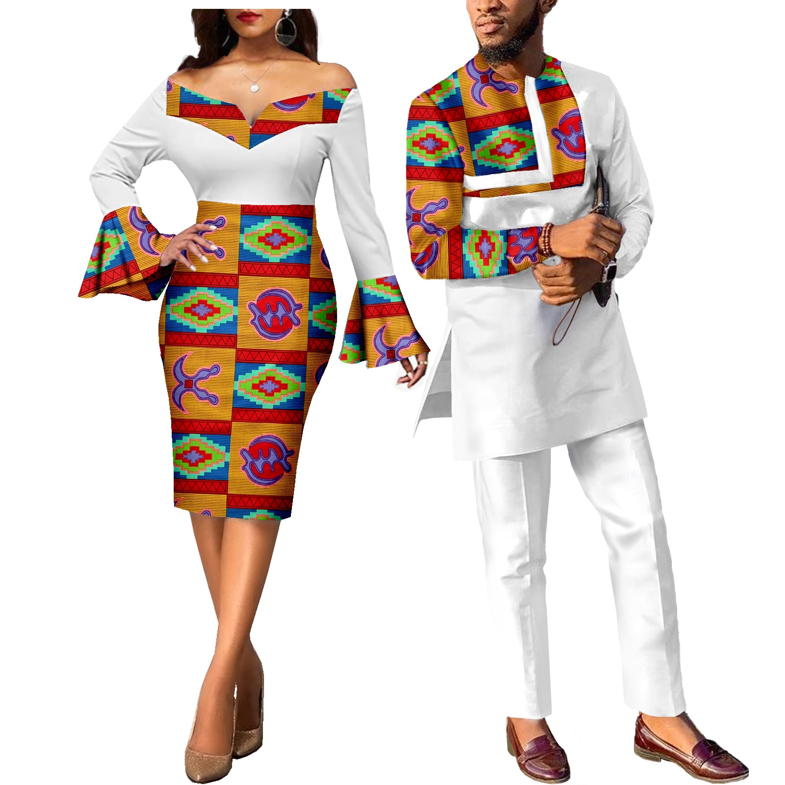 African Couple Clothes Ankara Print Dresses for Women & Men's Dashiki Suits Wedding Party African Attire