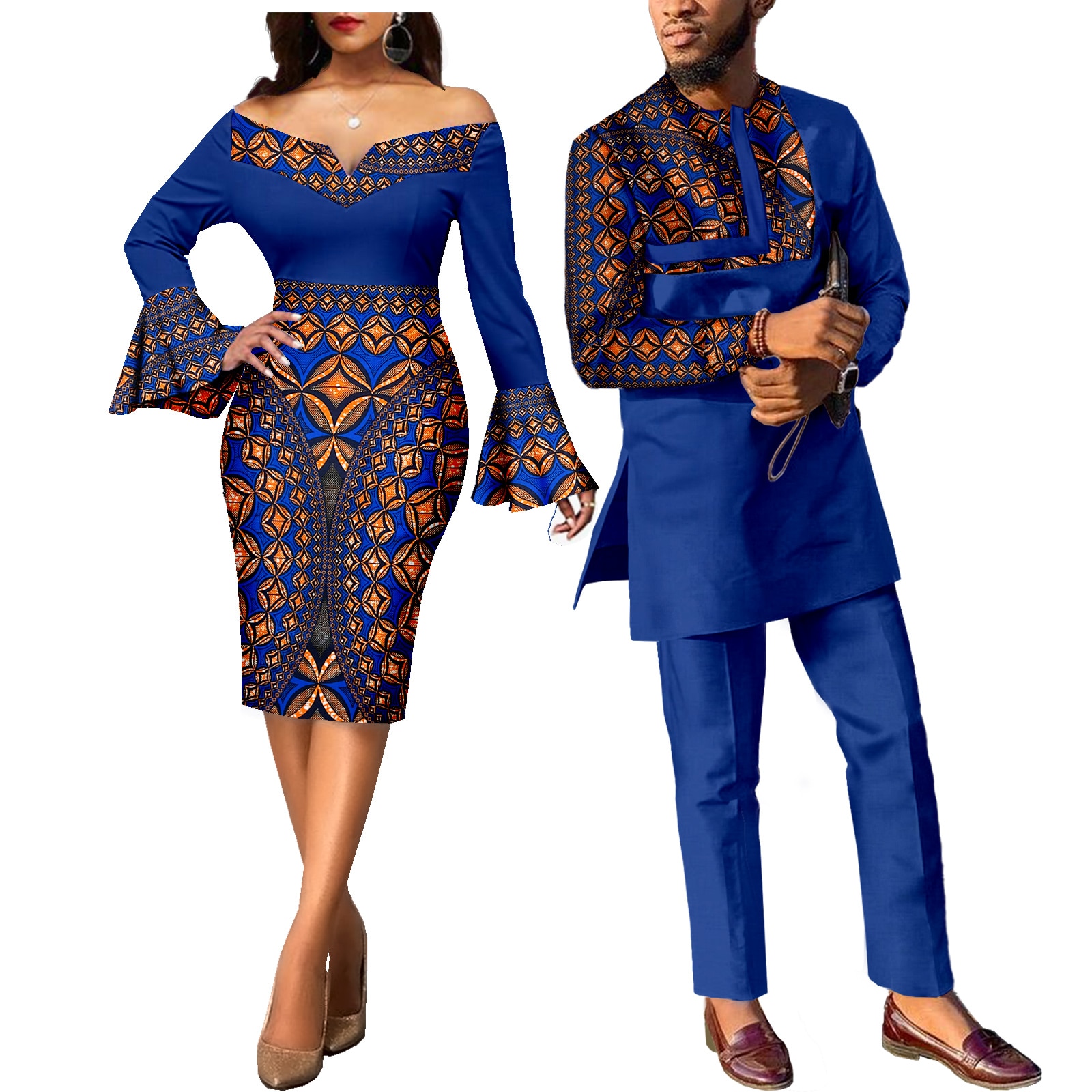 African Couple Clothes Ankara Print Dresses for Women & Men's Dashiki Suits Wedding Party African Attire