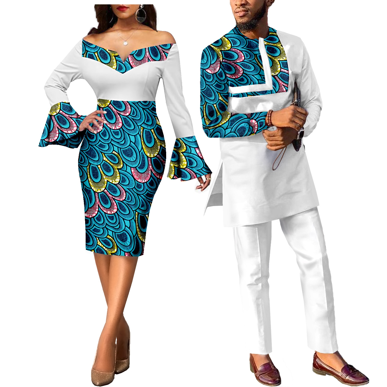 African Couple Clothes Ankara Print Dresses for Women & Men's Dashiki Suits Wedding Party African Attire