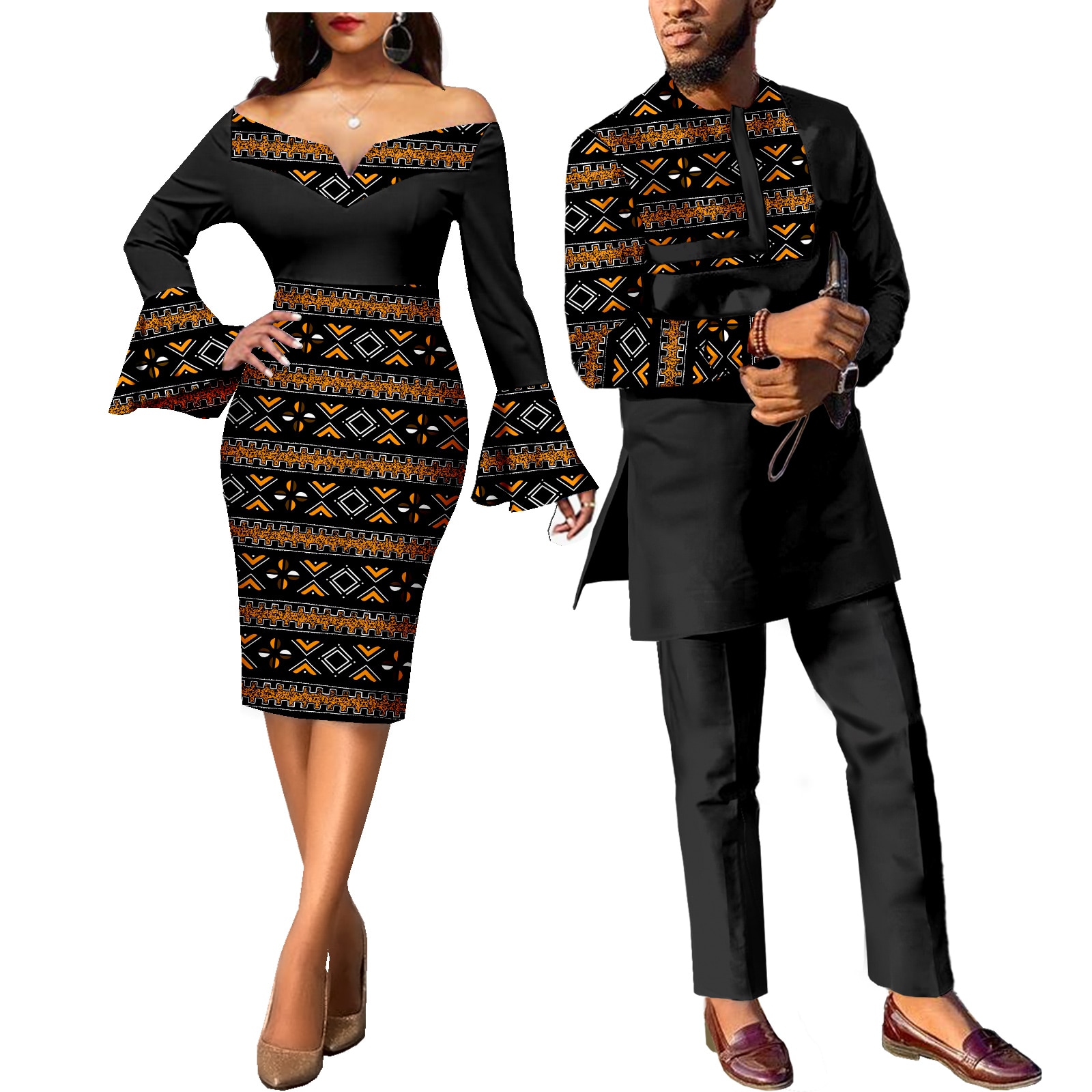 African Couple Clothes Ankara Print Dresses for Women & Men's Dashiki Suits Wedding Party African Attire