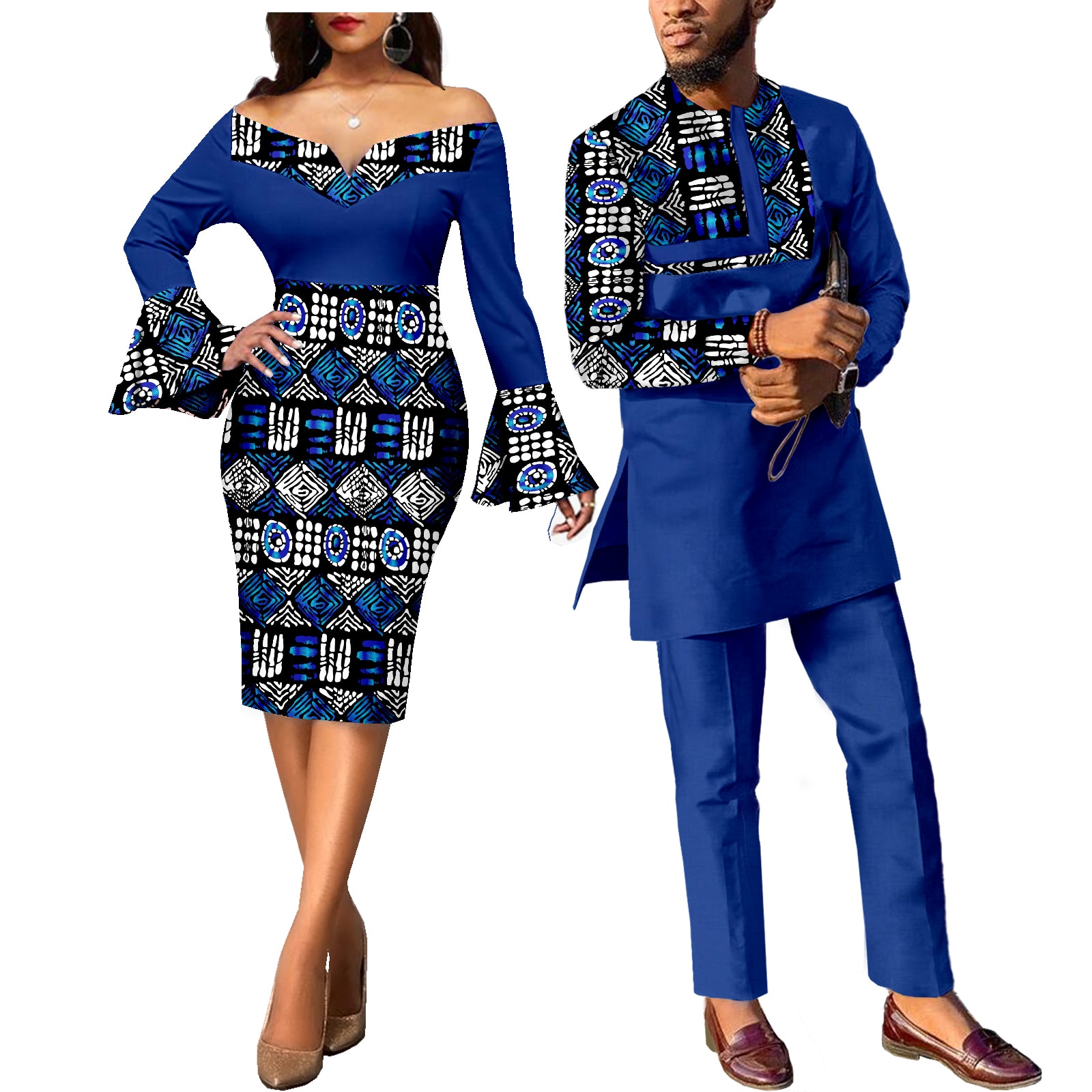 African Couple Clothes Ankara Print Dresses for Women & Men's Dashiki Suits Wedding Party African Attire