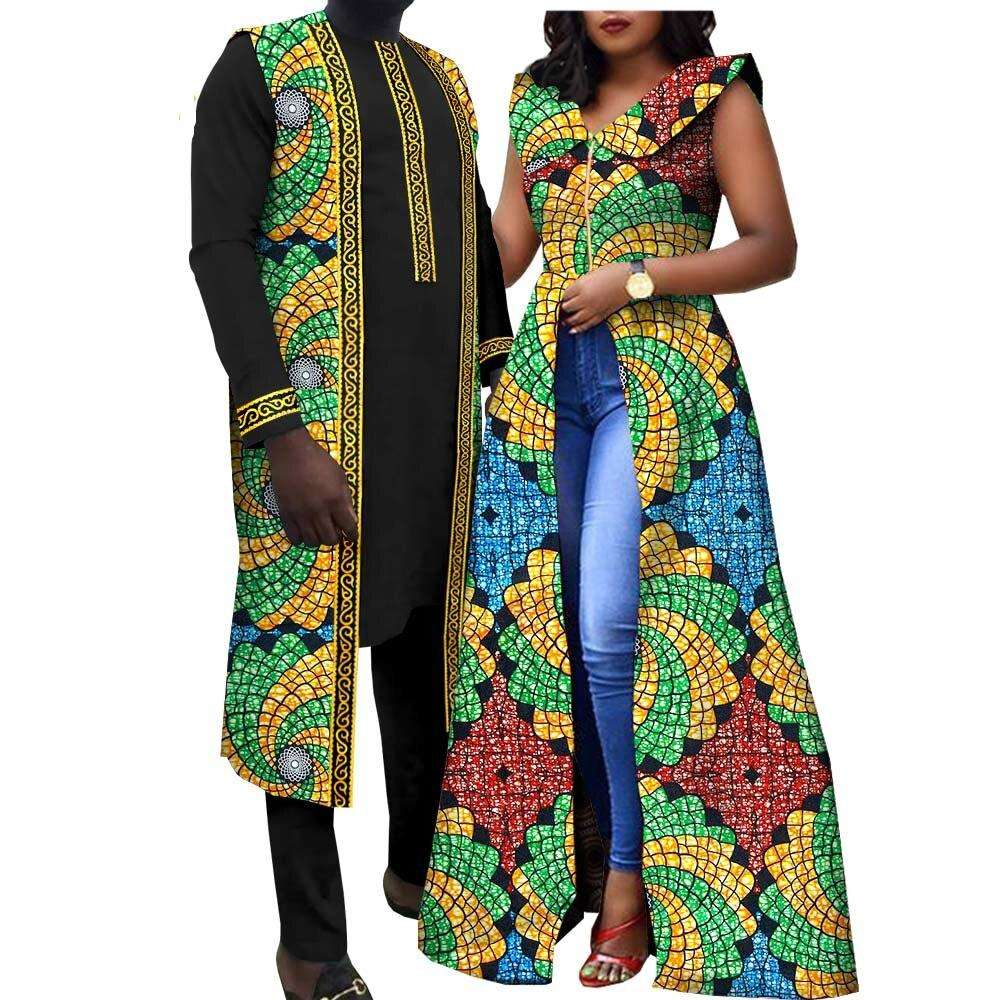 African Clothes for Couples Summer Casual Women Print Long Dresses Matching Men Shirt Vest and Pants Sets Muslim Wear Y22C076