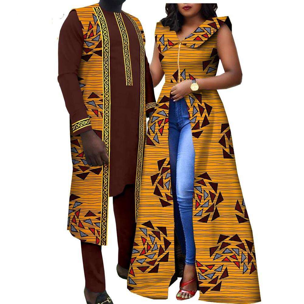 African Clothes for Couples Summer Casual Women Print Long Dresses Matching Men Shirt Vest and Pants Sets Muslim Wear Y22C076