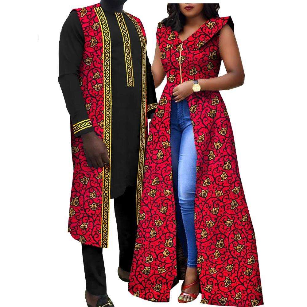 African Clothes for Couples Summer Casual Women Print Long Dresses Matching Men Shirt Vest and Pants Sets Muslim Wear Y22C076