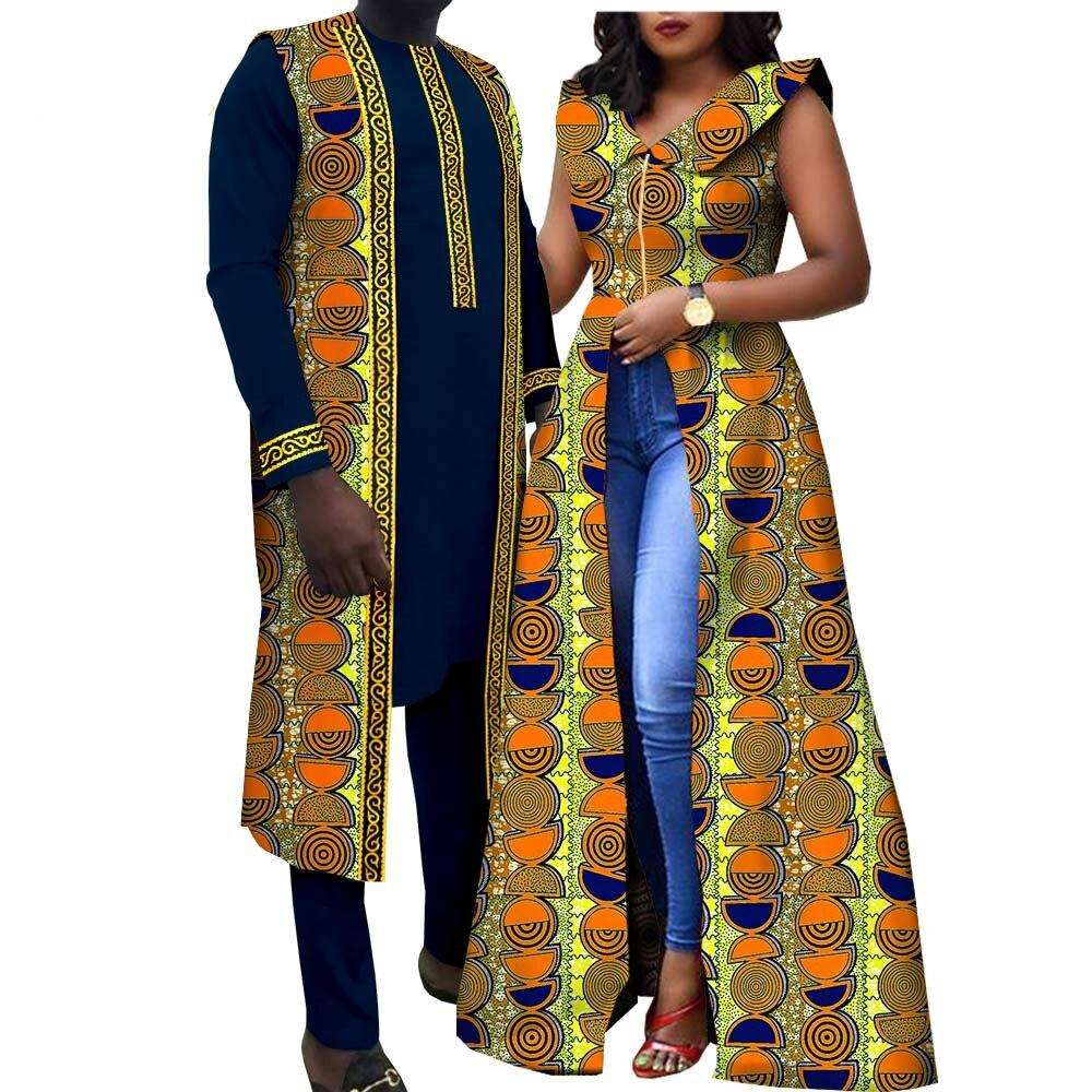 African Clothes for Couples Summer Casual Women Print Long Dresses Matching Men Shirt Vest and Pants Sets Muslim Wear Y22C076