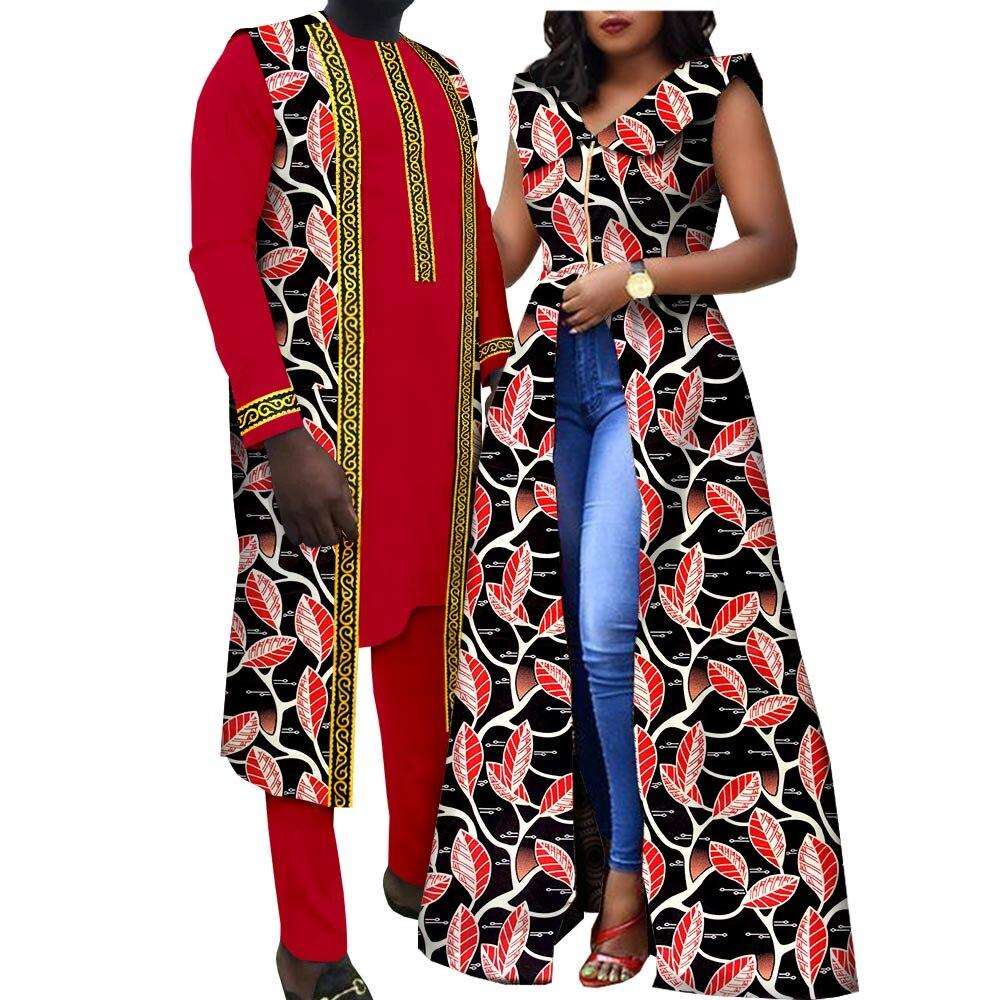 African Clothes for Couples Summer Casual Women Print Long Dresses Matching Men Shirt Vest and Pants Sets Muslim Wear Y22C076