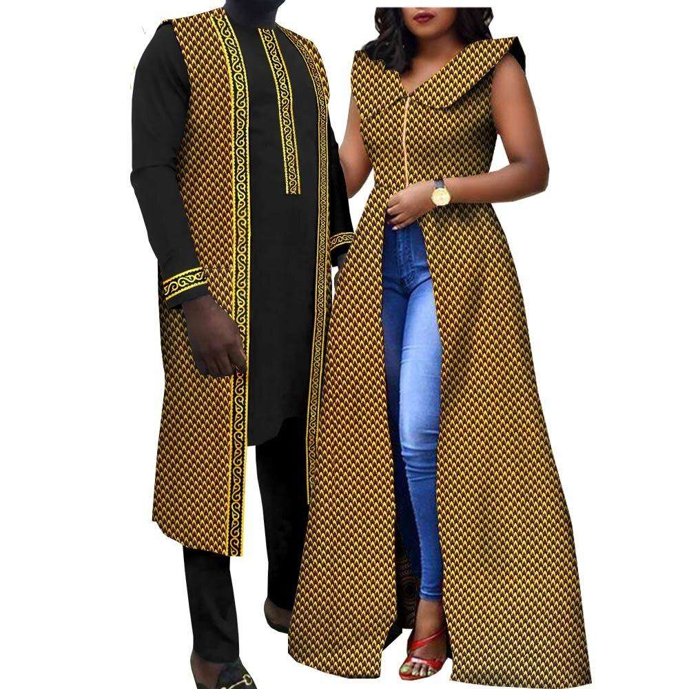 African Clothes for Couples Summer Casual Women Print Long Dresses Matching Men Shirt Vest and Pants Sets Muslim Wear Y22C076