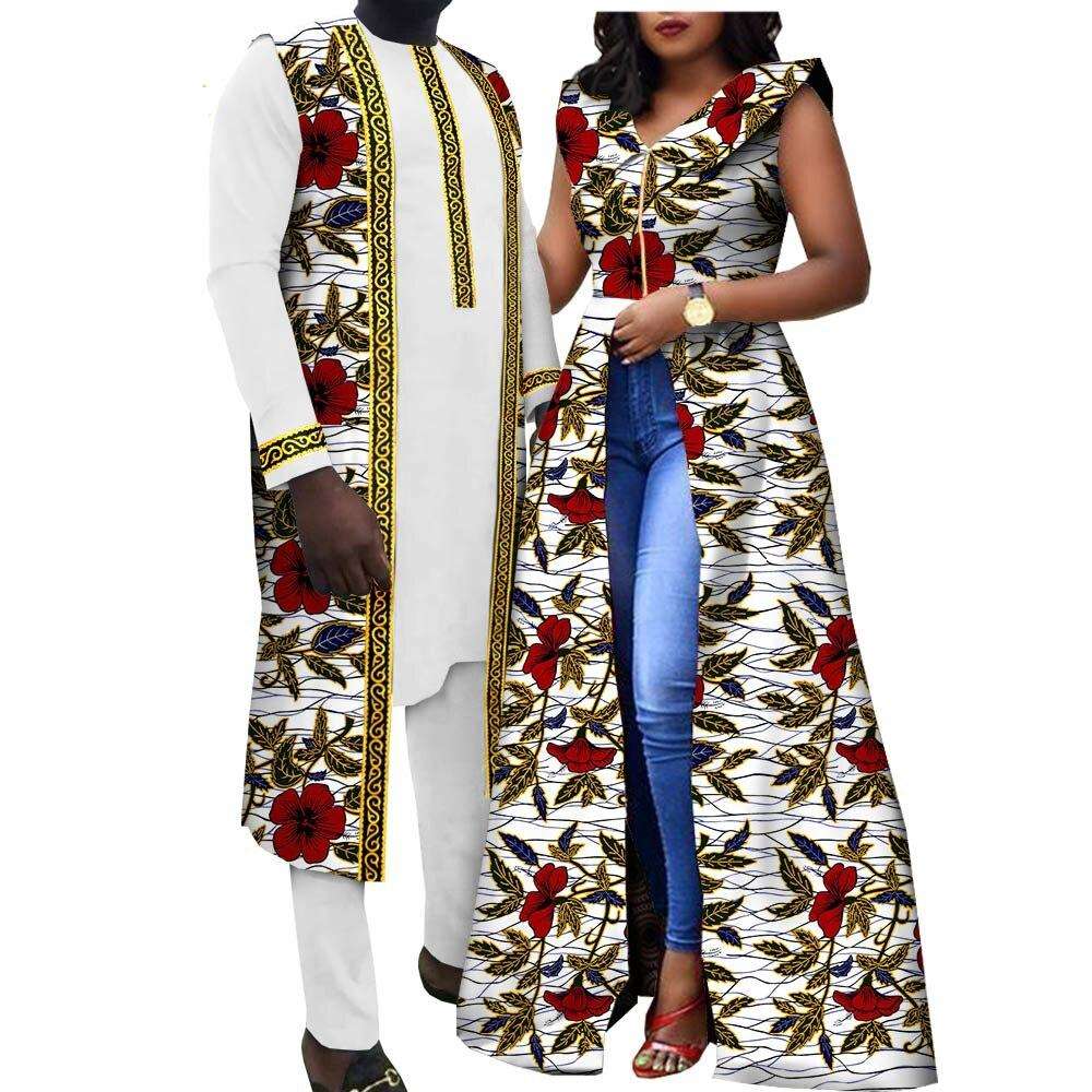 African Clothes for Couples Summer Casual Women Print Long Dresses Matching Men Shirt Vest and Pants Sets Muslim Wear Y22C076